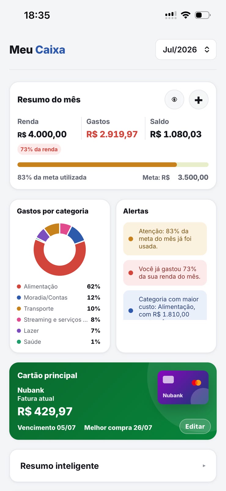 Tela do aplicativo Meu Caixa